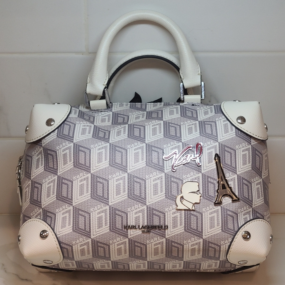 KARL LAGERFELD Valette Logo Leather Double Top Handle Bag WHITE/GRAY